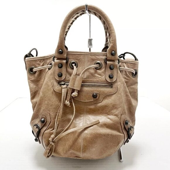 100% Authentic BALENCIAGA Classic Mini Pom Pom Brown Leather Handbag 492-111624